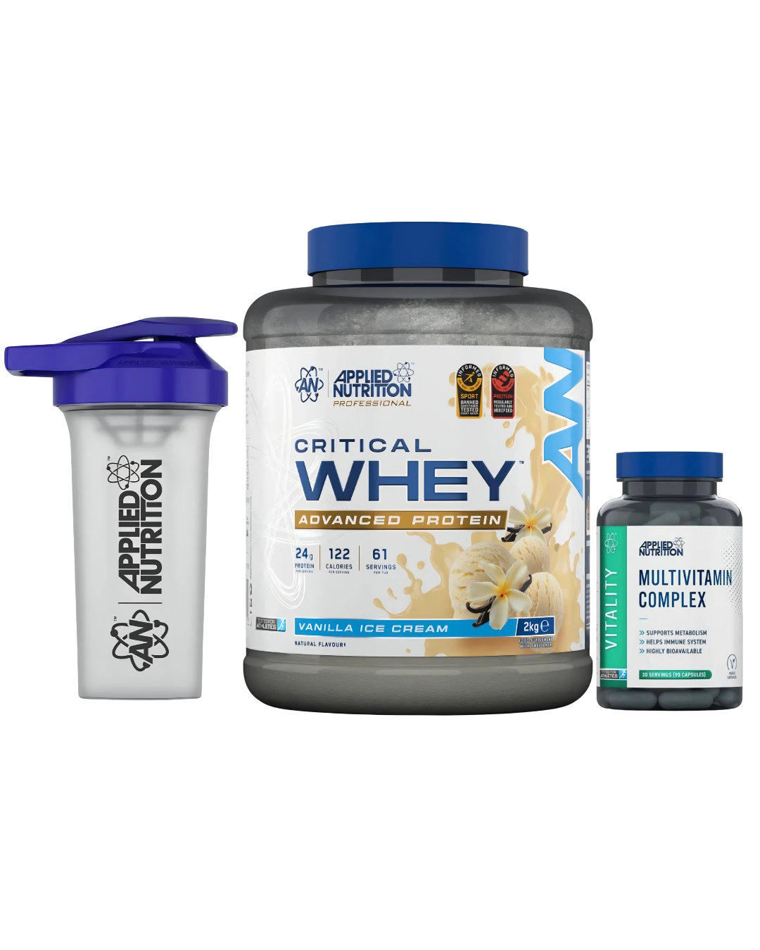 Applied Nutrition Critical Whey Bundle - 2kg Whey, 90 cap Multivitamin & Shaker