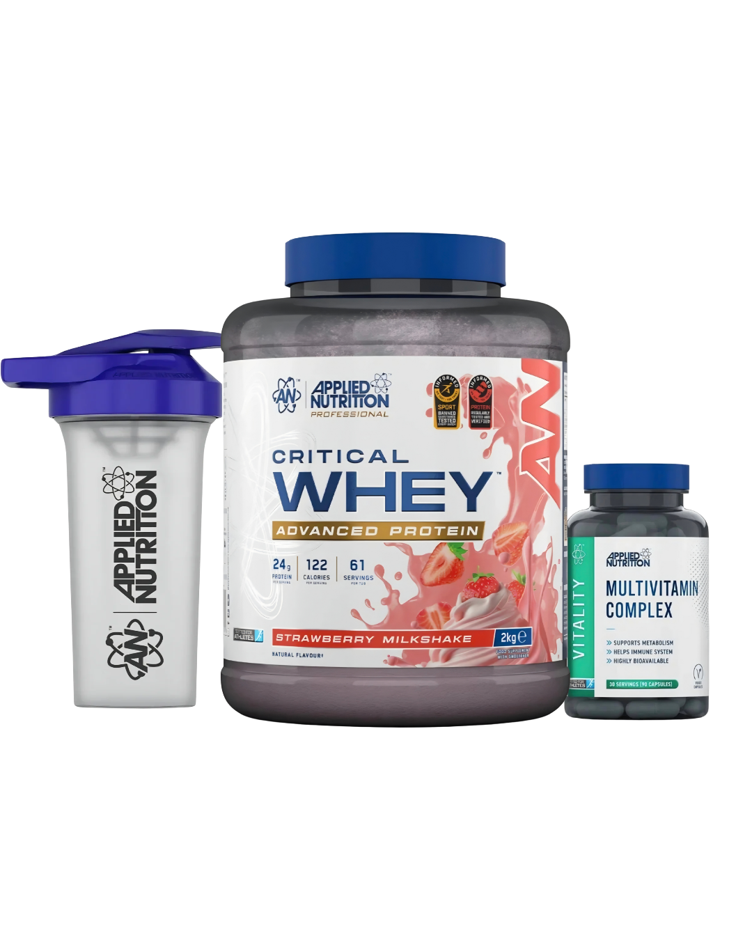 Applied Nutrition Critical Whey Bundle - 2kg Whey, 90 cap Multivitamin & Shaker