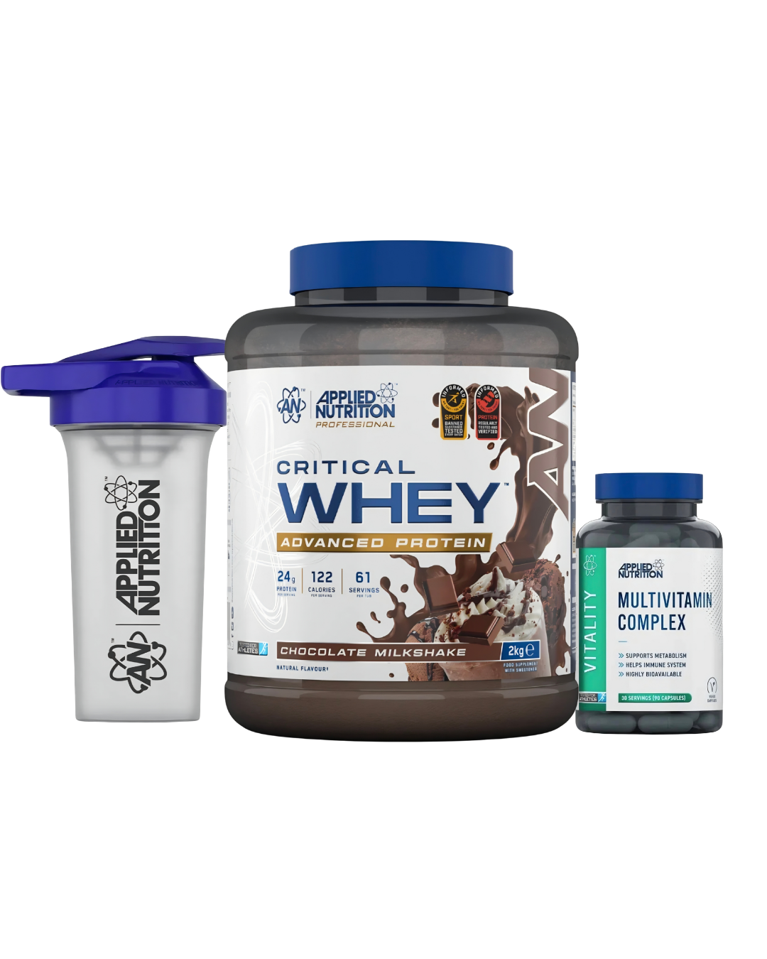 Applied Nutrition Critical Whey Bundle - 2kg Whey, 90 cap Multivitamin & Shaker