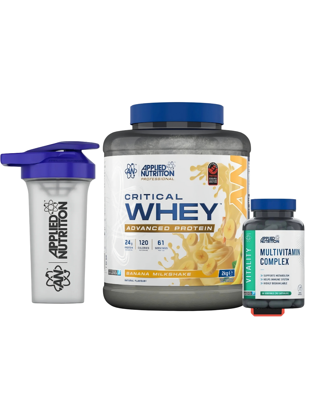 Applied Nutrition Critical Whey Bundle - 2kg Whey, 90 cap Multivitamin & Shaker